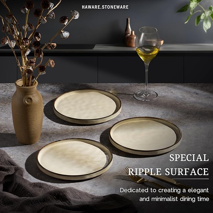 HaWare Stoneware Plates Set of 6, 7.9??Salad Plates, Reactive Glaze Ripple Ceramic Dish Set for Appetizer, Dessert, Scratch Resistant, Small Dinner Plate, Microwave and Dishwasher Safe, Saturn Khaki