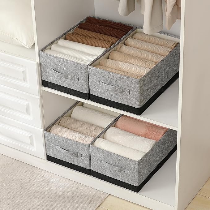 Linen Folding Storage Bins, 3 Pack Large Storage Baskets, Washable, Clothing Storage Bins with Handle, Closet Organizer for Storage Sweater,Sheets (gray black, 18쩍"x11"x8쩍")