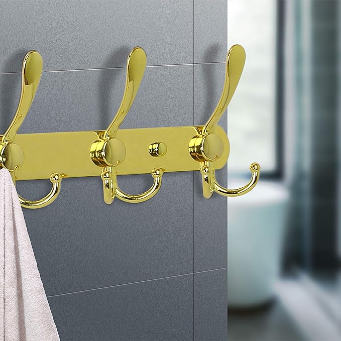 Dseap Coat Rack Wall Mount - 29.5??Long 8-Tri-Hooks Heavy Duty Coat Hanger Rail Wall Hooks for Hanging Coats Hats Clothing Clothes Purse Mudroom Entryway, Gold