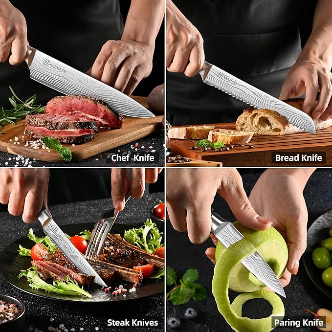 KEEMAKE Knife Block Set - 14 Piece Kitchen Knife Set with Block High Carbon Stainless Steel Ultra Sharp Chef Knife Sets Professional Kitchen Knives with Ergonomic Pakkawood Handle and Sharpener