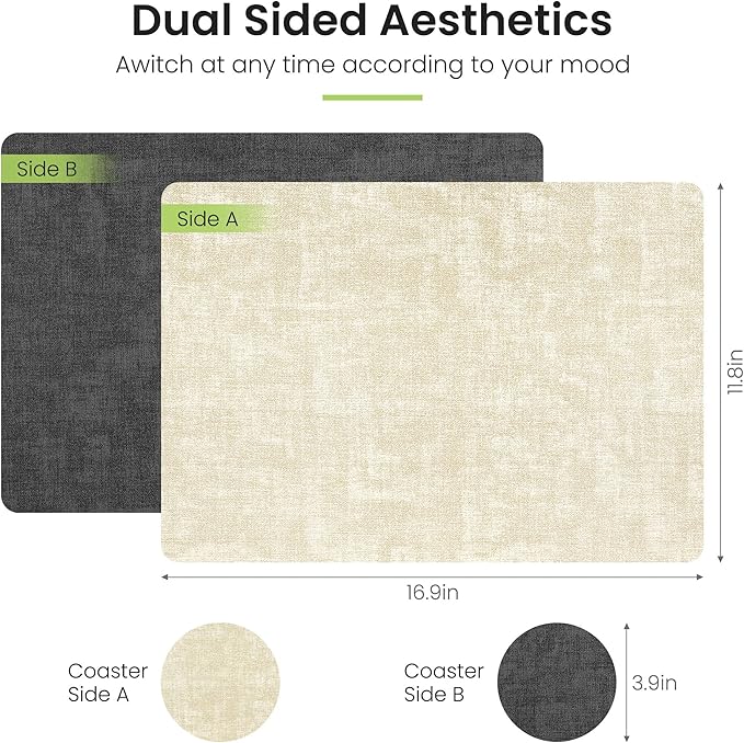 Fyvva Placemats Set of 4, Faux Leather Heat Resistant Wipeable Placemats, Dual Sided Waterproof Oilproof Washable Table Mats with Coaster, Suitable for Kitchen, Dining, Table Decor (4, Black Beige)