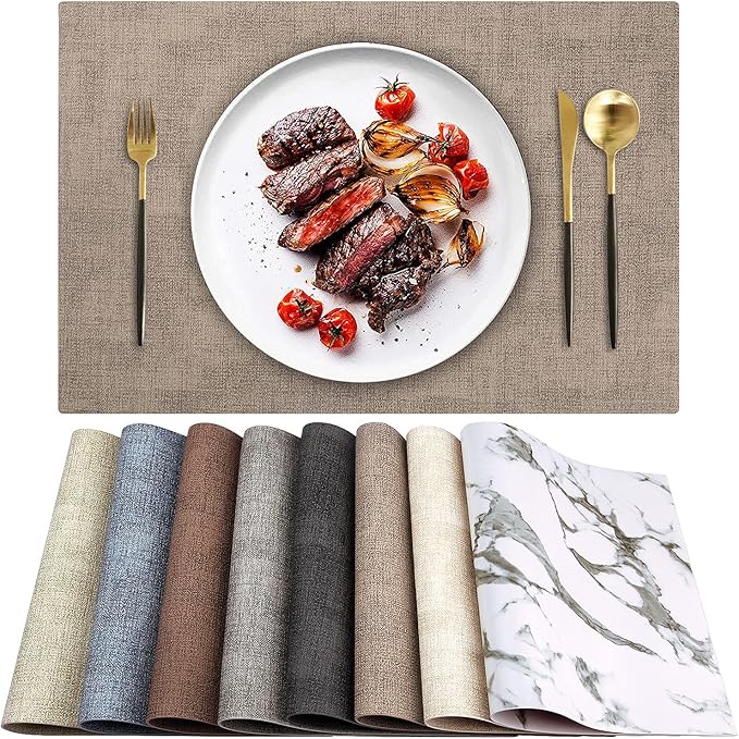 LANDVIEW Leather Heat Resistant Placemats Set of 6 Waterproof Wipeable Washable PU Table Mats,Easy to Clean Anti-Slip Place Mats (Light Brown, 6)