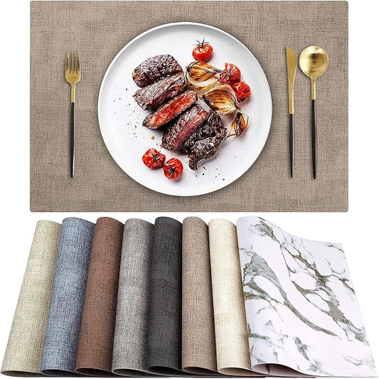 LANDVIEW Leather Heat Resistant Placemats Set of 6 Waterproof Wipeable Washable PU Table Mats,Easy to Clean Anti-Slip Place Mats (Light Brown, 6)