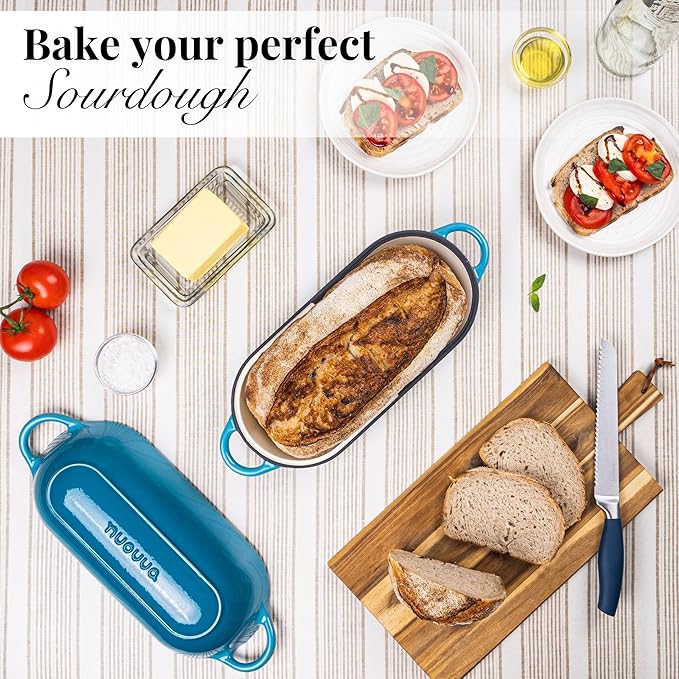 Enamelled Cast Iron Bread Loaf Pot ??Dutch Oven For Sourdough Bread Baking ??Oven Safe Non Stick Bread Pot ??Rectangular, Light Blue, 34cm x 16cm ??by Nuovva