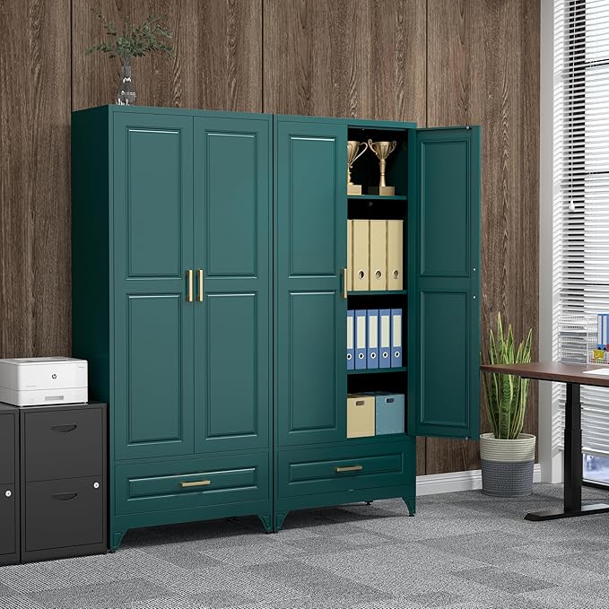 75" Kitchen Pantry Cabinet with Drawer, Metal Storage Cabinets with Doors and Adjustable Shelves, Green Tall Pantry Cabinet for Dinning Living Room, Home