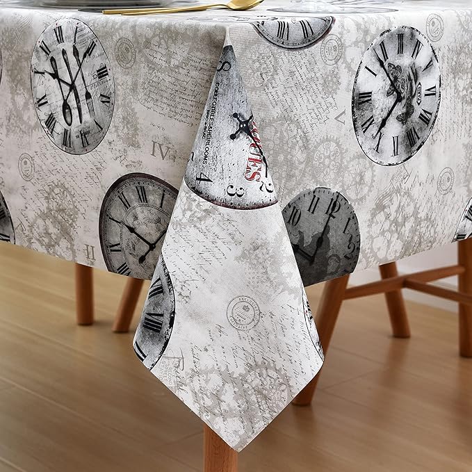 Vinyl Table Cloth Small Square Tablecloth, Wipeable Spillproof Plastic Oilcloth Table Cover, Waterproof PVC Tablecloths for Card Tables, Bistro Tables, Picnic 54 x 54 Inch 4ft Inch Grey Retro Clock