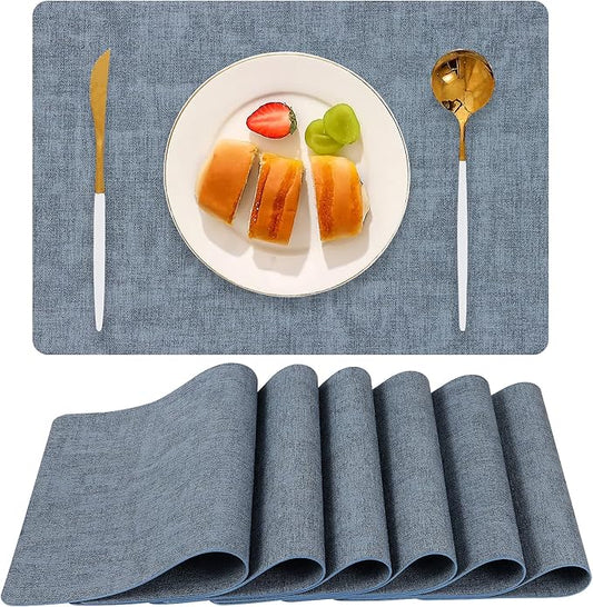 Boobezeen Faux Leather Placemats Set of 6, Heat Resistant Wipeable Washable Vinyl Place Mats, Waterproof Anti-Slip Dining Table Mats, Suitable for Indoor & Outdoor Use (Blue)