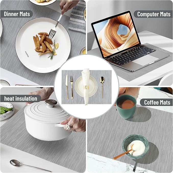 Sliver White Placemats Set of 8 Durable Heat Resistant Non-Slip Washable Place Mats PVC Vinyl Woven Table Mats for Dining Table Size 12 x 17 Inch