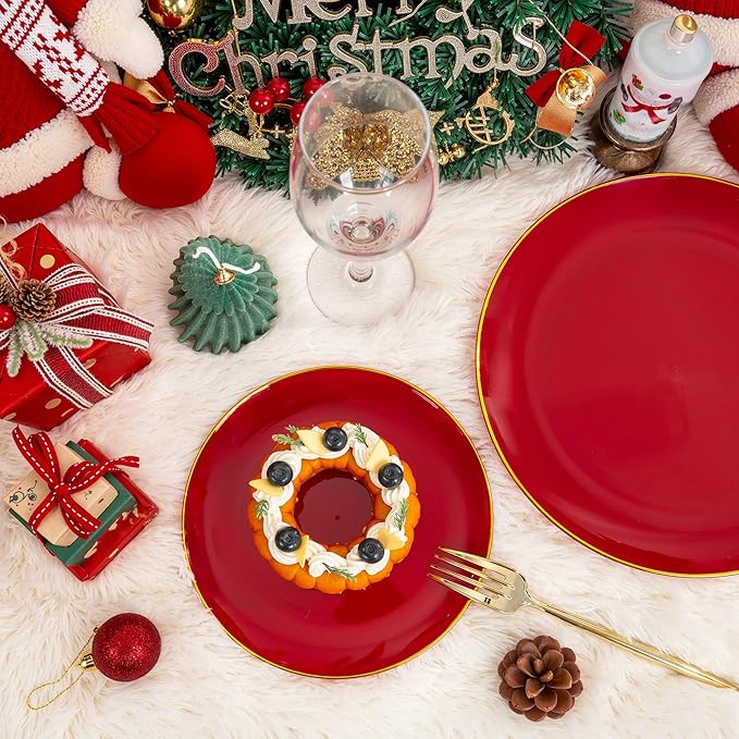 I00000 150Pcs Red Plastic Plates with Gold Rim,Fancy Plastic Plates,Nice Disposable Plates Set include 30 Dinner Plate,30 Dessert Plate, 90 plastic Silverware Set for Valentine's Day