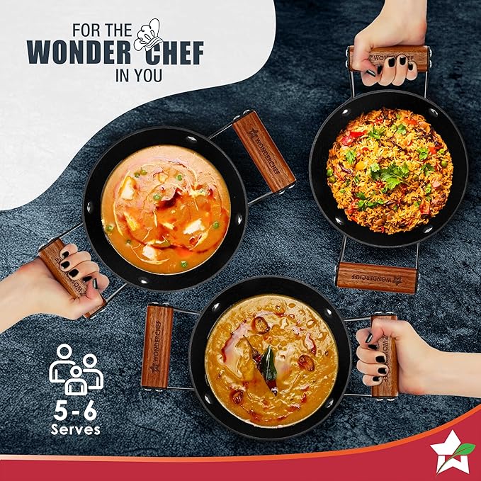 Wonderchef Pre-Seasoned Ferro Light Kadhai 2.3L Acacia Wooden Handles Gravity Moulding Technology No Chemical Coating 10 Year 24 cm Black