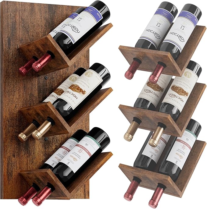 Hoctieon Wine Rack Wall Mounted, 6 Bottles Hanging Wine Racks Bar Shelves for Display & Storage, Rustic Wood Wine Bottle Holder for Home Bar, Kitchen, Dining Room, Rustic Brown