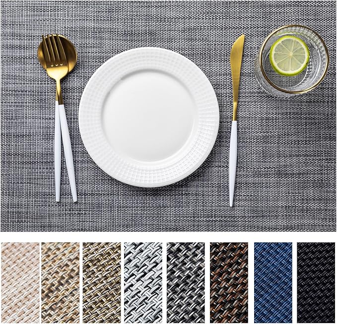 LEXMORE Placemats Set of 6 Vinyl/Plastic Woven Place Mats for Kitchen Table Indoor/Outdoor Washable Placemat Wipeable Dining Table Mats(Dark Gray)