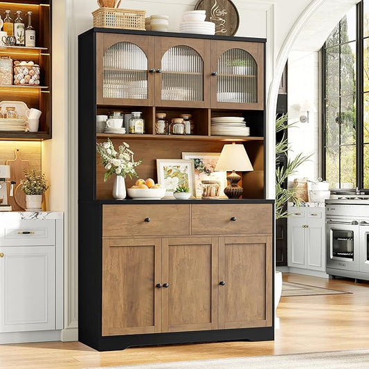 FINETONES 71" Pantry Cabinet, Tall Kitchen Pantry Storage Cabinet with Microwave Stand, Modern Kitchen Hutch Food Pantry with Open Countertop and Adjustable Shelf for Dining Room