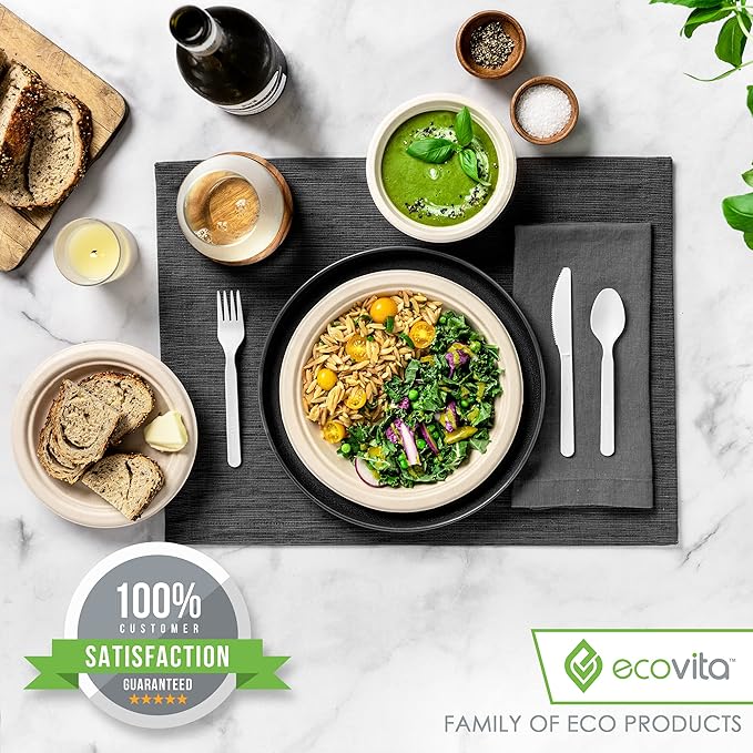 Ecovita 100% Compostable Paper Plates [9 in.] ??150 Disposable Plates Eco Friendly Sturdy Tree Free Liquid and Heat Resistant Alternative to Plastic or Paper Plates