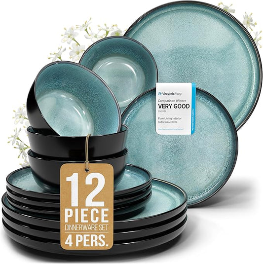 Stoneware dinnerware set 4 persons 12 pcs ??Modern style plates and bowls set ceramic ??Dishwasher safe and scratch resistant ??Bowl and plate set ??Dinner service Pure Living black & petrol blue