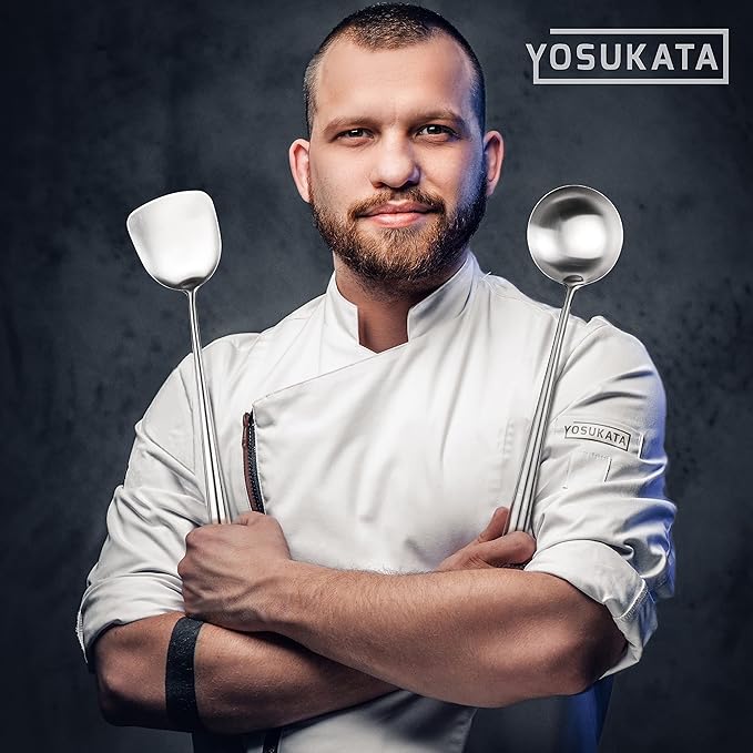 YOSUKATA 17?쇺?Wok Spatula and Ladle - Set of 2 Heat-Resistant Wok Tools - Universal Wok Ladle and Spatula - High-Grade 304 Stainless Steel Cooking Utensils and Wok Accessories - Solid Wok Utensils