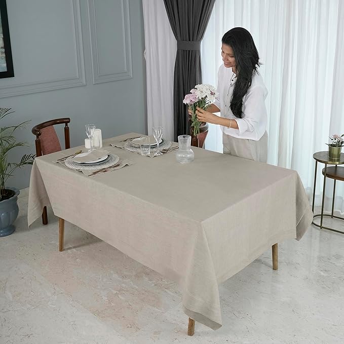 D'Moksha Homes Natural Linen Tablecloth for Rectangle Tables 60 x 144 Inch - 100% Pure Linen Natural Table Cloth - Classic Hemstitch, Machine Washable Dining Tablecloth for Valentines, Spring, Easter