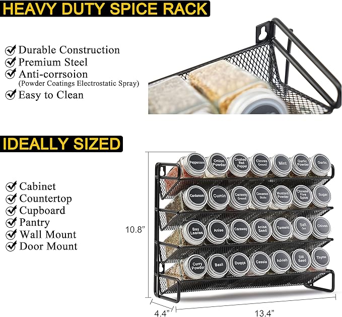 SpaceAid Spice Rack Organizer with 28 Spice Jars, 386 Spice Labels, Chalk Marker and Funnel Set for Cabinet, Countertop, Pantry, Cupboard or Door & Wall Mount - 28 Jars, 13.4" W 횞 10.8" H, Black