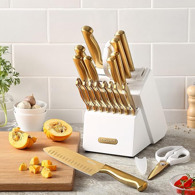 McCook짰 Kitchen Knife Sets, Golden Titanium Stainless Steel Knives Block Set with Built-in Sharpener