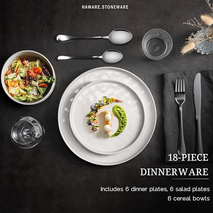 HaWare Dinnerware Sets, 18-Piece Plates and Bowls Set, Stoneware Dish Set for 6, Ceramic Dinnerware for Home Restaurant, Chip and Scratch Resistant, Microwave and Dishwasher Safe, Speckled White