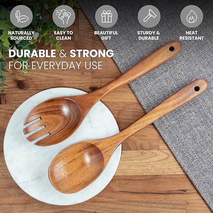Zulay Kitchen Teak Wood Utensil Set ??2 Piece Large Wooden Salad Serving Spoon and Fork, Handcrafted Natural Teak Wood Kitchen Utensils, Durable, Nonstick Safe & Smooth Finish