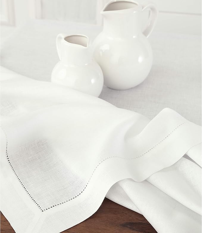 Solino Home Linen Tablecloth for Rectangle Tables 60 x 84 Inch - Classic Hemstitch 100% Pure Linen White Table Cloth - Machine Washable Cloth Tablecloth for Winter, Valentines, Spring, Easter