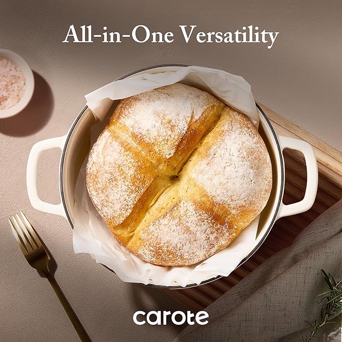 CAROTE Enameled Cast Iron Dutch Oven Pot with Lid, 4 QT Dutch Ovens, Heavy-Duty Cast Iron Pot for Sourdough Bread Baking, Braising, Stews, Roasting, Healthy & Non-Toxic, Dual Handles, All Stovetop Compatible, Oven Safe up to 500째 F, Cream White