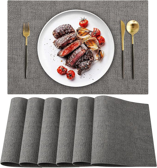 LANDVIEW Leather Heat Resistant Placemats Set of 6 Waterproof Wipeable Washable PU Table Mats,Easy to Clean Anti-Slip Place Mats (Smokey Grey, 6)