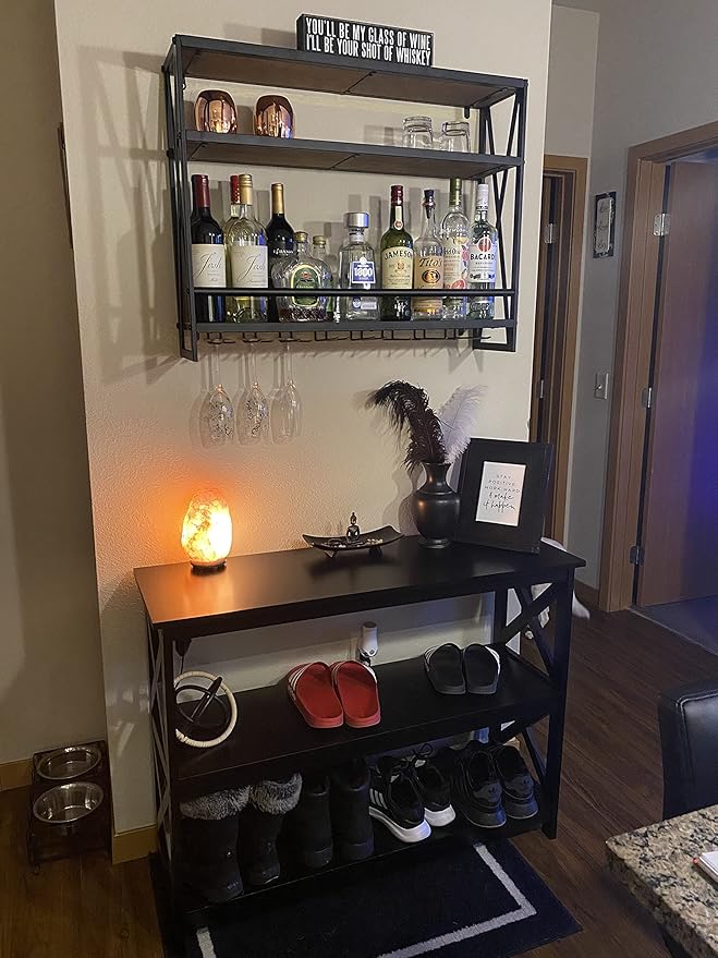 SSS Furniture Industrial Wine Rack Wall Mounted with 8 Stem Wine Glass Holder, 31.5in Hanging Wall Wine Rack Floating Bar Shelves, 3-Tier Wood Shelves Wine Shelf Home D챕cor Display Rack