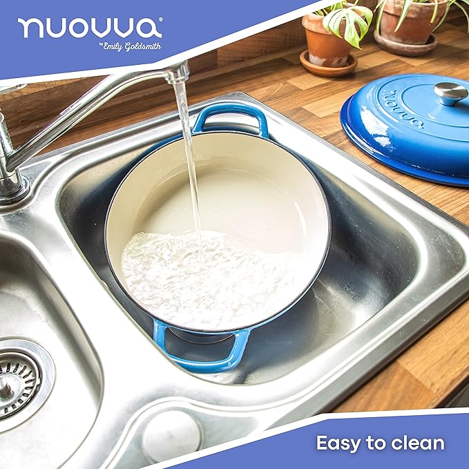 Cast Iron Dutch Oven with Lid ??Non Stick Shallow Dutch Oven Pot, Oven Safe up to 500째 F ??Sturdy Cooking Pot ??Enamelled Stockpot Cookware ??Dark Blue, 3.7-Quart, 30cm ??by Nuovva