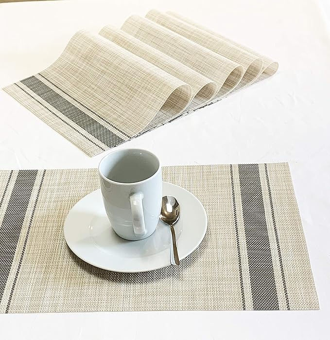Set of 12 PVC Dark Gray Vinyl Woven Place mats, 12" x 18" Heat Insulation Stain Resistant Placemats for Kitchen-Dining Table Durable Cross Weave Woven Vinyl Kitchen Table Mats Placemat (Dark Gray)