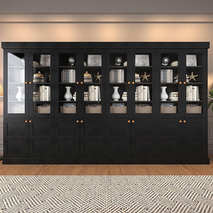 71" Tall Farmhouse Kitchen Pantry, Rustic Large Storage Cabinet with Glass Doors, Adjustable Shelves, Wood Versatile Hutch Cabinet for Dining Room, Living Room, Black 4 Pcs