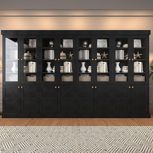 71" Tall Farmhouse Bookshelves with Glass Doors, Rustic Large Bookcase with Adjustable Shelves, Wooden Storage Cabinet for Living Room, Kitchen, Home Office, Dining Room, Black Glass Door(4 Pcs)