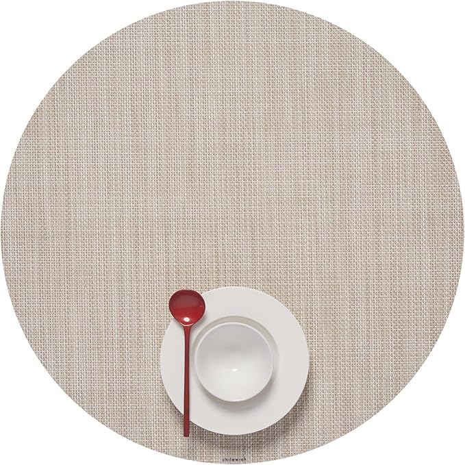 Chilewich Mini Basketweave Placemats in Parchment - Set of 4 - Easy Care Woven Tabletop Textiles - Indoor/Outdoor - 15" Round