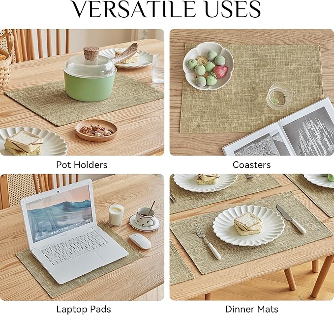 Softalker Faux Linen Placemats Set of 4-12 x 18 Inch, Heat Resistant Double Layered Durable Burlap Farmhouse Place Mats, Non-Slip Washable Rustic Table Mats for Dining, Kitchen, Party竊뉻haki