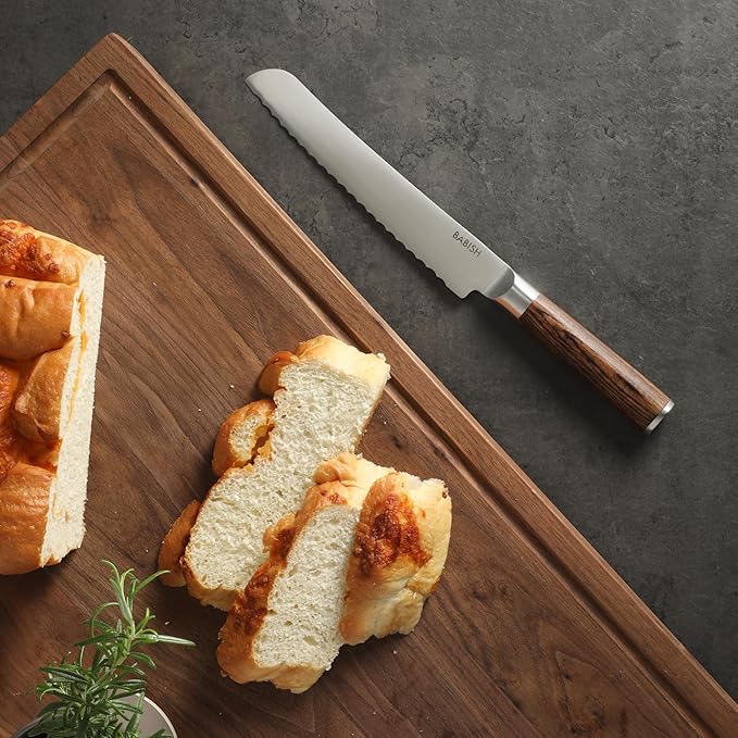 Babish 8-Inch Bread Knife ??High-Carbon 1.4116 German Steel Serrated Knife with Dark Pakka Wood Handle, Full-Tang Razor Sharp Kitchen Knife for Slicing Bread, Crusting & Artisan Loaves