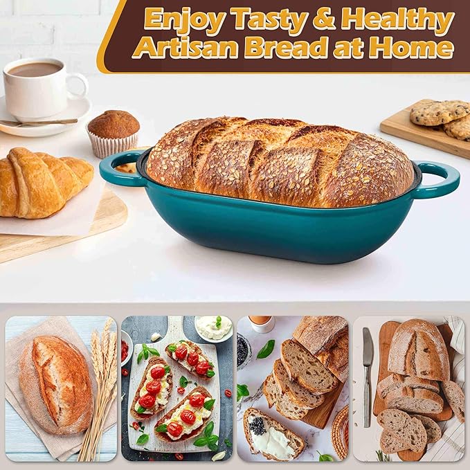 Homikit Enameled Cast Iron Dutch Oven for Bread Baking, 2.8 QT Oval Bread Oven Pot with Lid, Sourdough Loaf Iron Dutch Oven Pan for Roasting Cooking, Dark Green & Heavy Duty