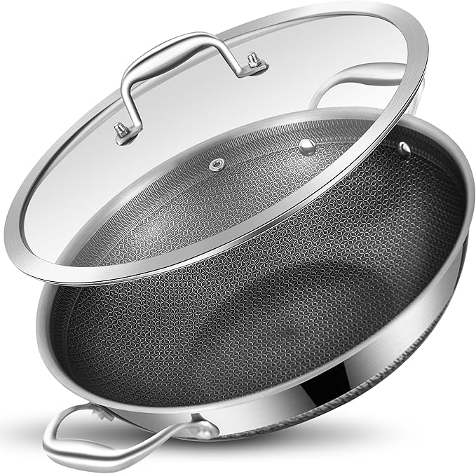 LOLYKITCH 13 Inch New Hybrid Tri-Ply Stainless Steel Wok Pan with Lid,Ceramic Non Stick Stir-Fry Pans,Induction Cooking Pot,Dishwasher and Oven Safe