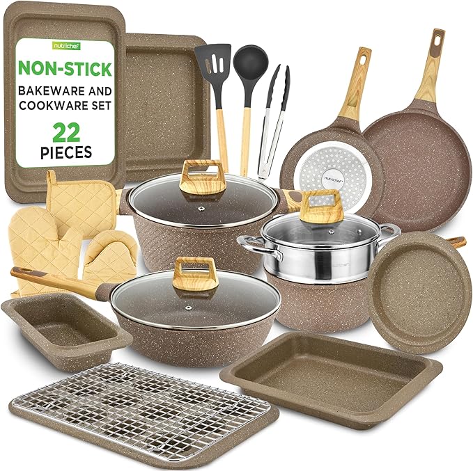 NutriChef 22?멠iece Non?멣tick Ceramic Pots and Pans Set ??For All Cooktops Including Induction ??PTFE & PFAS Free, Includes Bakeware & Utensils