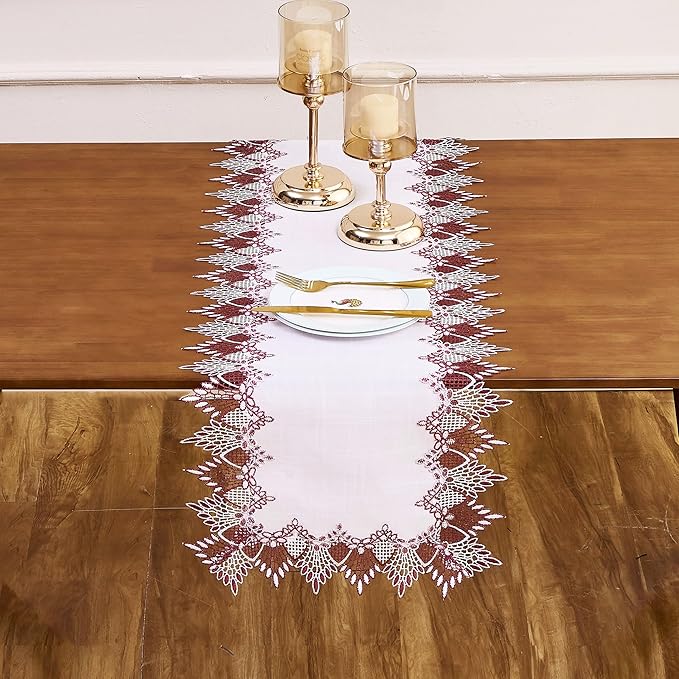 Raedan White Dark Red Jacquard Lace Table Runner 60 inches Long, Claret Dresser Scarf Table Topper for Christmas Kitchen Coffee Table Wedding Party Home Decor (Dark Red, 16?쓝60??