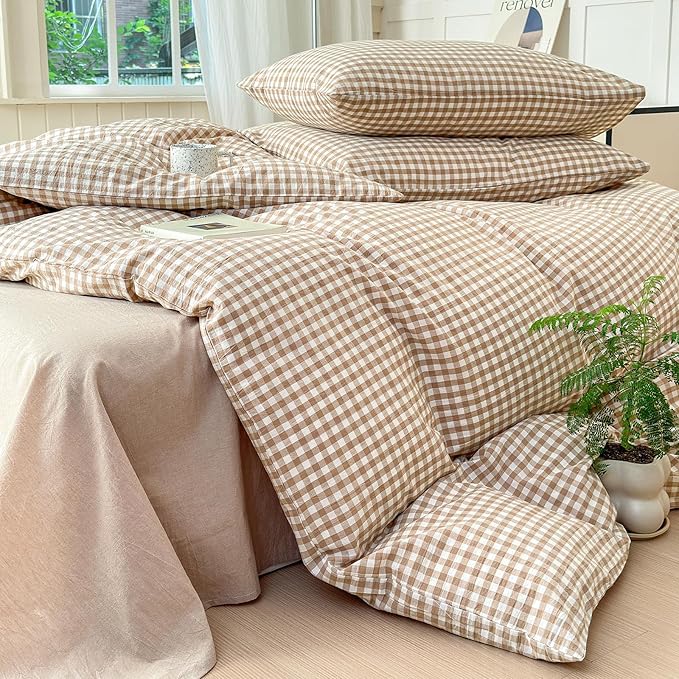 LifeTB Tan Gingham Comforter Set Full Modern Style Beige Plaid Comforter Set 3 Pieces Soft Fluffy Grid Checkered Pattern Comforter with 2 Pillowcases Farmhouse Gingham Bedding Comforter Full