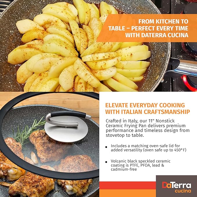 DaTerra Cucina 11" Nonstick Ceramic Frying Pan with Lid ??Oven & Induction Safe, High Heat Resistant Nonstick Cookware, Dishwasher Safe, Durable & Stylish - Volcanic Black Speckled ??Made in Italy