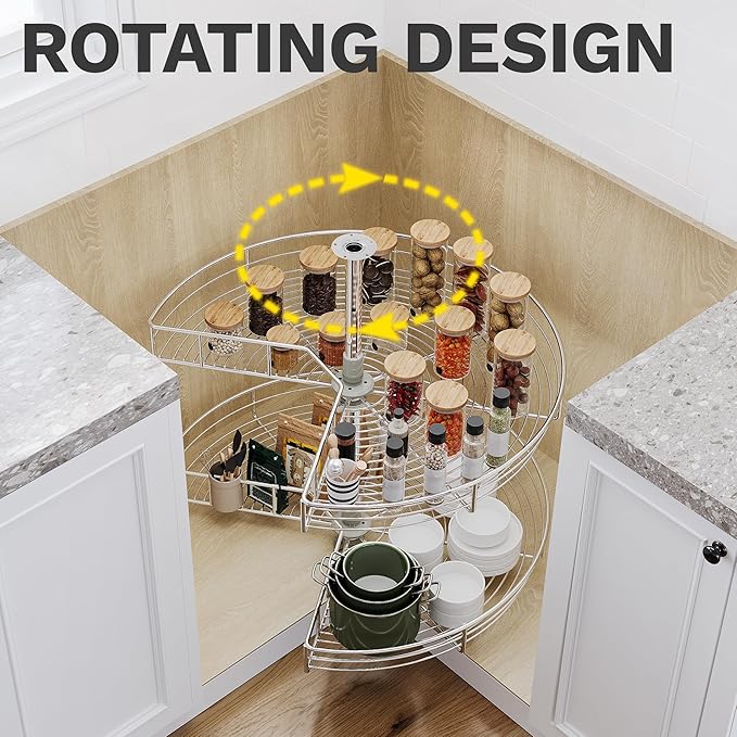 DWVO 31??Kidney 2-Tier Lazy Susan ??Telescoping Mount Corner Cabinet Organizer with Pie-Shelf Design, for Bathroom,Kitchen Cabinet Blind Corners (Chrome, 270째 Adjustable)