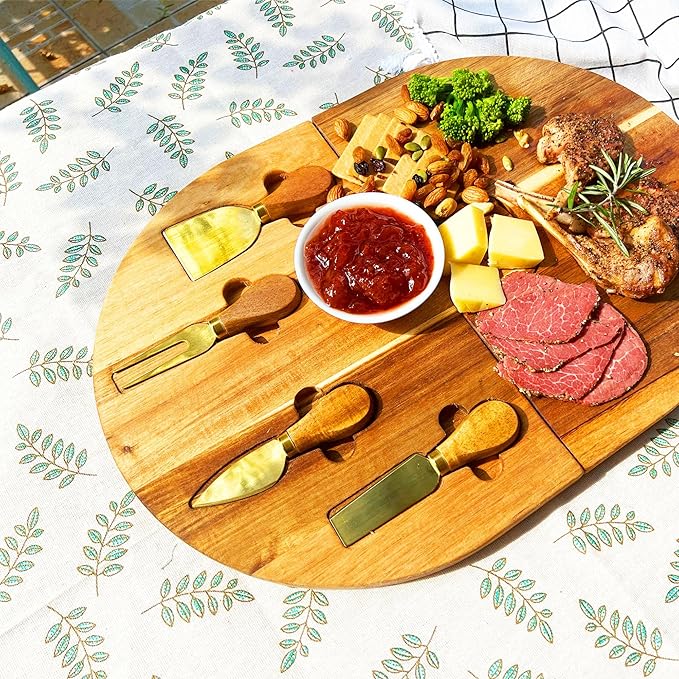 Charcuterie Board Set - 2 Pieces with Knife Set, Premium Acacia Wood Cheese Boards, Puzzle Shaped Serving Tray, Christmas, House Warming Gifts New Home, Wedding & Bridal Shower Gift