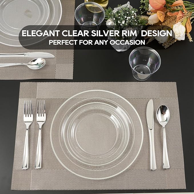 FOCUSLINE 100 Count Clear Silver Plastic Plates 7 Inch, Disposable Heavy Duty Clear Plates with Silver Rim, Premium Hard Plastic Plate Fancy Disposable Salad Dessert Plate for Wedding Parties