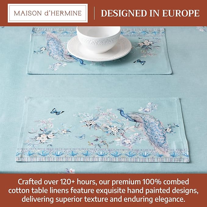 Maison d' Hermine Placemat 100% Combed Cotton Premium Set of 4 Decorative Washable Place Mats Table Cloth Placemat, Dining & Camping - Peacock Utopia - Pastel Turquoise(13"x19")