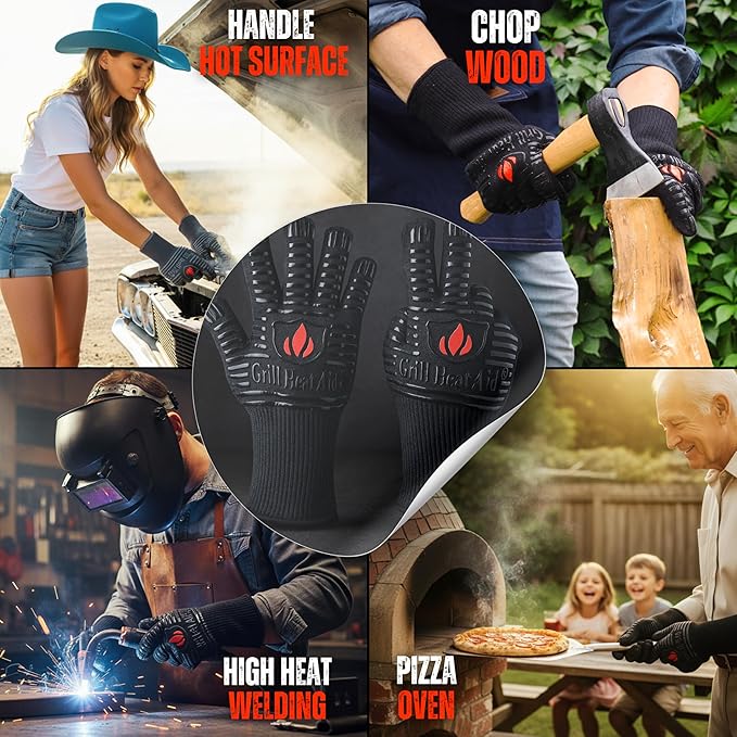GRILL HEAT AID Extreme Heat Resistant BBQ Gloves - 1472째F Heat Proof Grill Gloves for Grilling EN407 Certified Fireproof Gloves for Fire Pit & Smoker, High Temp Grill Mitts for Outdoor Cooking & Oven