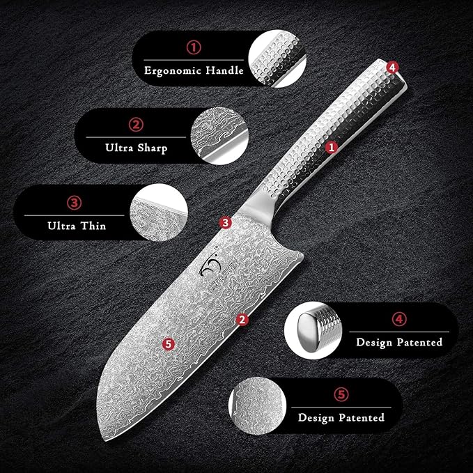 3 Pieces Damascus Kitchen Knife Set with 8??Chef Knife, 7??Santoku Knife, 3.5??Paring Knife, 67 Layer Handmade Damascus VG10 Steel Core, Hammered Ergonomic Handle (Gift Box)