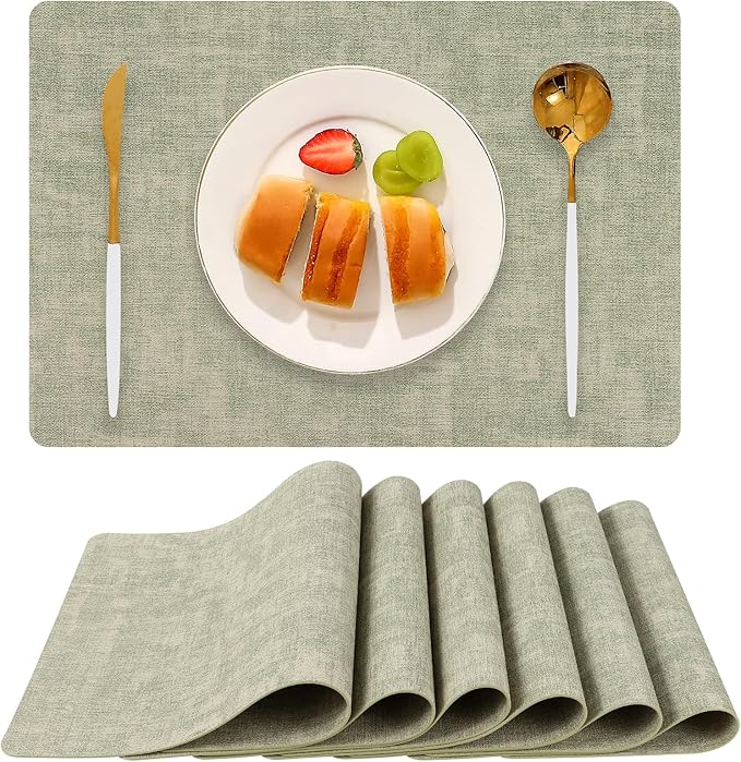 Boobezeen Faux Leather Placemats Set of 6, Heat Resistant Wipeable Washable Vinyl Place Mats, Waterproof Anti-Slip Dining Table Mats, Suitable for Indoor & Outdoor Use (Light Green)