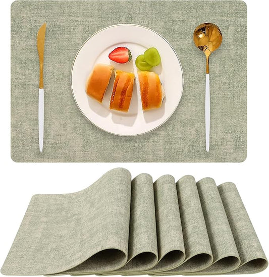 Boobezeen Faux Leather Placemats Set of 6, Heat Resistant Wipeable Washable Vinyl Place Mats, Waterproof Anti-Slip Dining Table Mats, Suitable for Indoor & Outdoor Use (Light Green)